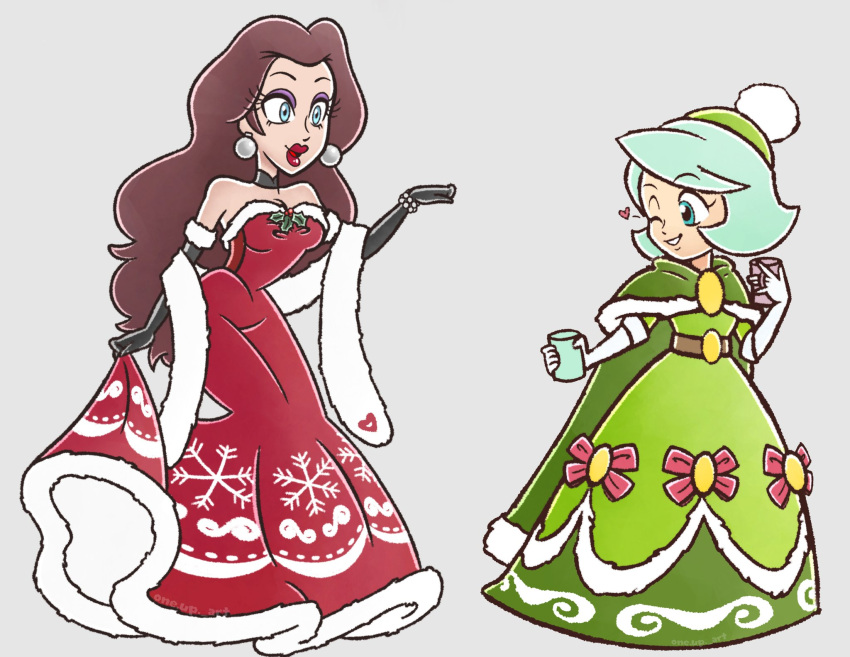 2girls, alternate_costume, black_gloves, blue_eyes, blue_hair, brown_hair, dress, earrings, elbow_gloves, eyeshadow, gloves, green_dress, grey_background, highres, jewelry, long_dress, long_hair, makeup, multiple_girls, ooneupart, pauline_(mario), purple_eyeshadow, queen_merelda, red_dress, red_lips, santa_costume, santa_dress, simple_background, sphere_earrings, strapless, strapless_dress, super_mario_bros., wario_land, wario_land:_shake_it!, white_gloves