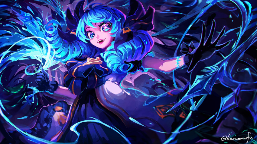 1girl, :d, black_bow, black_gloves, blue_hair, bow, breasts, collarbone