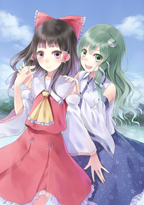 ascot, blush, bow, breasts, brown_eyes, brown_hair, cloud, frog, green_eyes, green_hair, hair_bow, hair_ornament, hair_tubes, hakurei_reimu, hakurei_reiumu, holding_hands, kochiya_sanae, long_hair, mountain, multiple_girls, shrine, skirt, sky, smile, snake, tadokoro_teppei, touhou, water