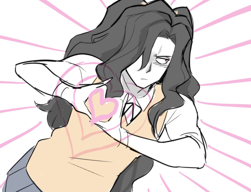 1boy, black_hair, blue_skirt, blush, cosplay, crossdressing, crossdressing_(mtf), flustered