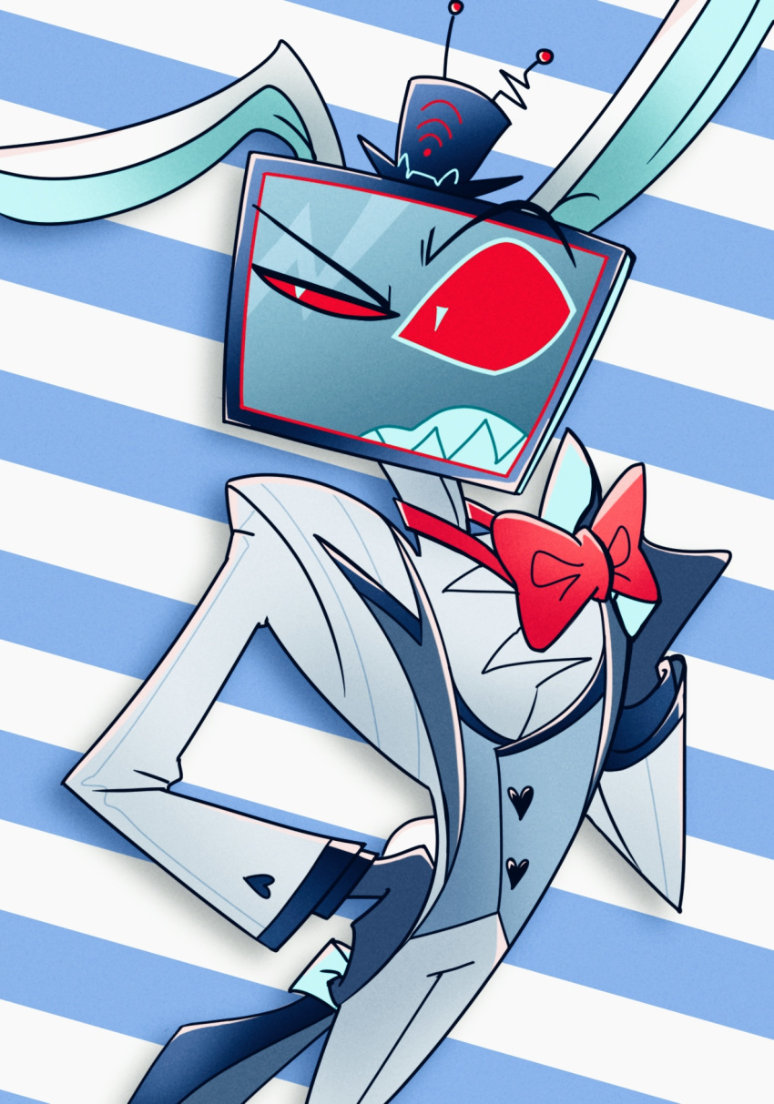 1boy, animal_ears, annoyed, blue_teeth, bow, bowtie, buttons, closed_mouth