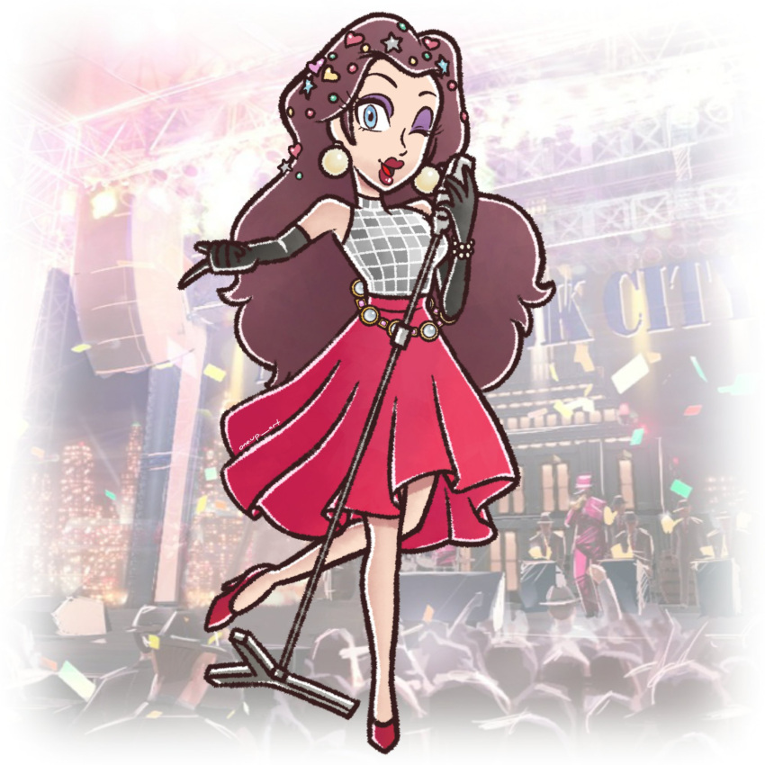 1girl, black_gloves, blue_eyes, brown_hair, earrings, elbow_gloves, eyeshadow, gloves