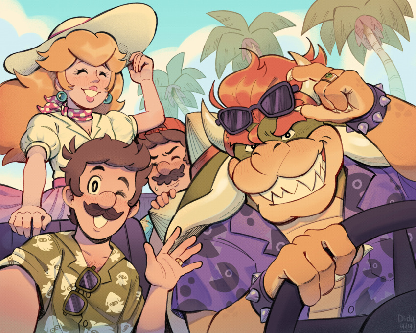 1girl, 3boys, absurdres, alternate_costume, arm_up, blonde_hair, blue_eyes, bowser, bracelet, brown_hair, closed_eyes, commentary, day, didy414, earrings, english_commentary, facial_hair, green_shirt, grin, hat, highres, horns, jewelry, long_hair, long_skirt, looking_at_viewer, luigi, mario, mario_kart, mario_kart_world, multiple_boys, mustache, neckerchief, official_alternate_costume, outdoors, palm_tree, pink_lips, pink_neckerchief, pink_skirt, polka_dot_neckerchief, princess_peach, princess_peach_(vacation), print_shirt, puffy_short_sleeves, puffy_sleeves, purple_shirt, red_hair, ring, sharp_teeth, shirt, short_hair, short_sleeves, skirt, smile, solo, sphere_earrings, spiked_bracelet, spikes, steering_wheel, sun_hat, sunglasses, super_mario_bros., teeth, tree, white_hat, white_shirt