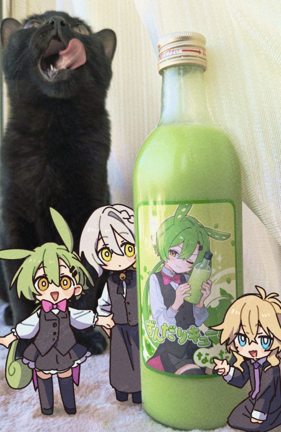 1boy, 2girls, :d, animal, bell, black_bow, black_bowtie, black_cat