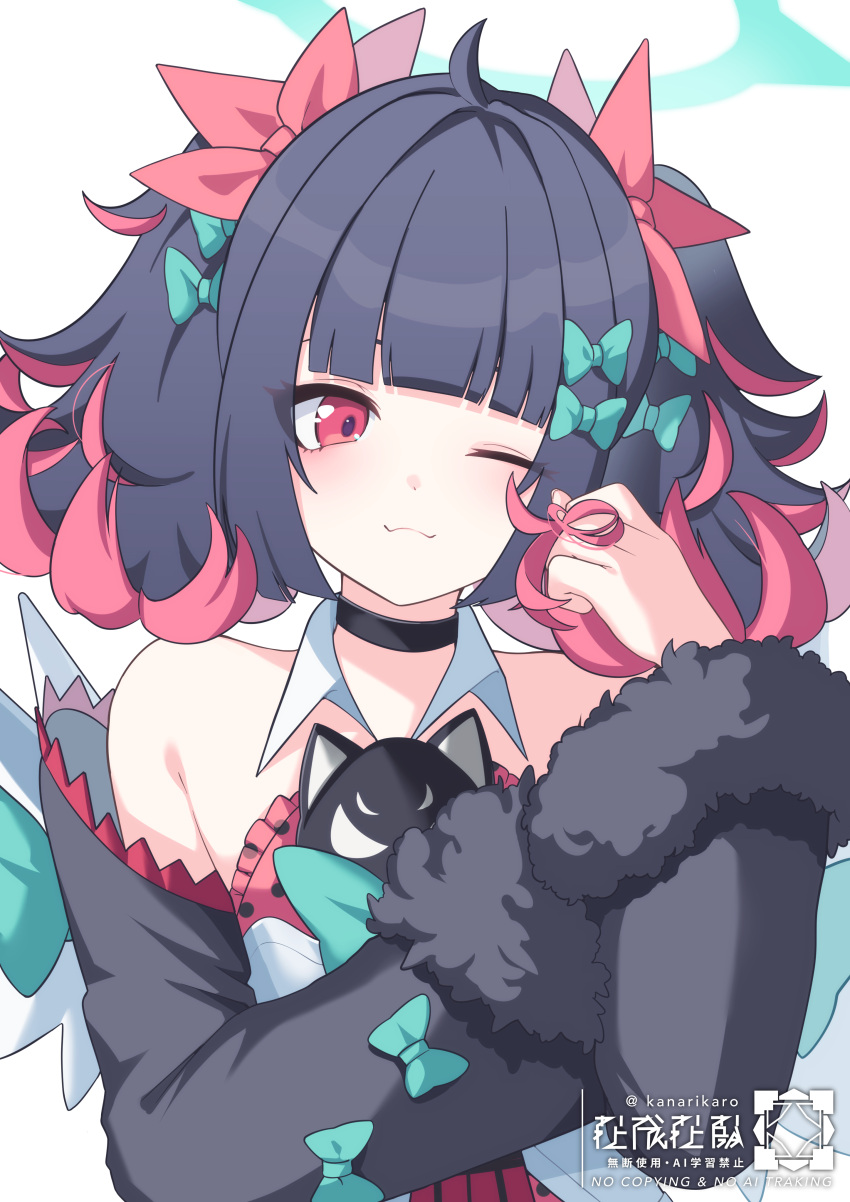 1girl, absurdres, angels_of_delusion, bare_shoulders, black_hair, colored_inner_hair, detached_sleeves, dress
