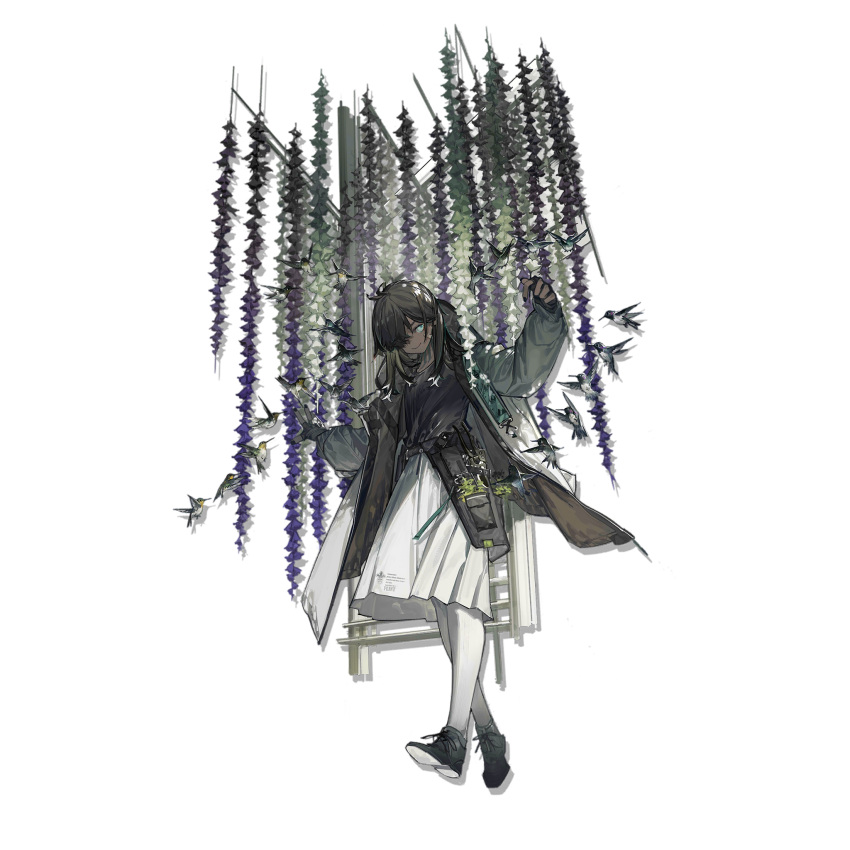 1girl, arknights, azling, bird, black_hair, black_shirt, black_shoes, blue_eyes