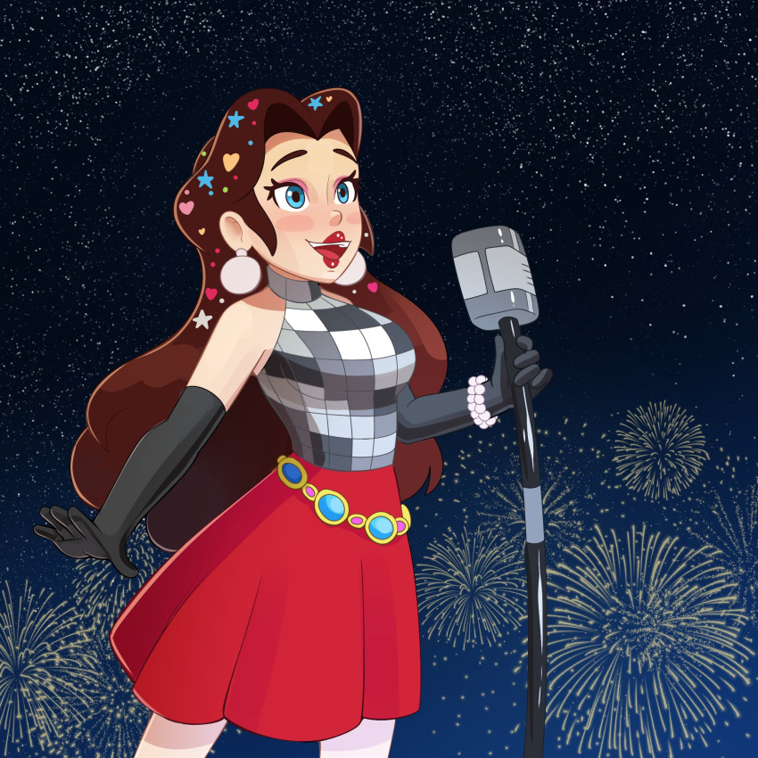 1girl, belt, black_gloves, blue_eyes, brown_hair, dhesomix, elbow_gloves, fireworks, gloves, grey_shirt, hair_ornament, halterneck, highres, holding, holding_microphone_stand, long_hair, mario_kart, mario_kart_tour, microphone_stand, official_alternate_costume, outdoors, pauline_(mario), pauline_(party_time)_(mario), red_skirt, shirt, skirt, sleeveless, sleeveless_shirt, solo, super_mario_bros.