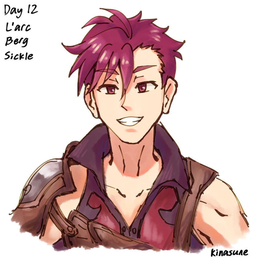 1boy, armor, artist_name, breastplate, brown_armor, brown_shirt, character_name, collarbone, commentary, cropped_torso, english_commentary, english_text, grey_armor, grin, hair_between_eyes, highres, kinasune, l'arc_berg_sickle, leather_armor, looking_at_viewer, male_focus, messy_hair, open_mouth, pauldrons, red_eyes, red_hair, red_shirt, shirt, short_hair, shoulder_armor, signature, simple_background, single_pauldron, sleeveless, sleeveless_shirt, smile, solo, straight-on, tate_no_yuusha_no_nariagari, teeth, two-tone_armor, two-tone_shirt, upper_body, white_background