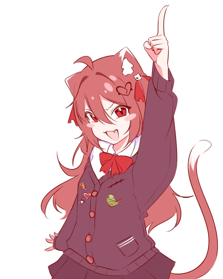 1girl, :3, :d, absurdres, ahoge, animal_ears, arm_up, black_cardigan