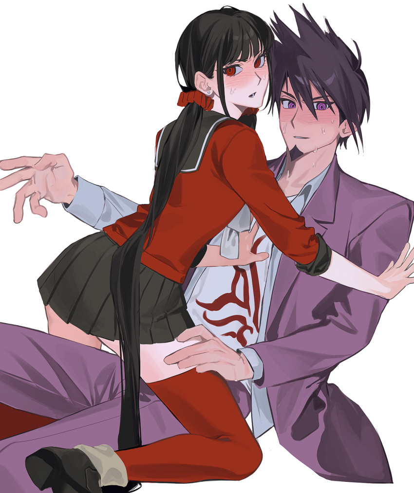 1girl, :o, black_hair, blunt_bangs, blush, danganronpa_(series), danganronpa_v3:_killing_harmony, hair_ornament, hair_scrunchie, harukawa_maki, hetero, highres, jacket, long_hair, long_sleeves, looking_at_viewer, low_twintails, miniskirt, mole, mole_under_eye, momota_kaito, pants, pink_jacket, pink_pants, print_shirt, red_eyes, red_scrunchie, red_shirt, sailor_collar, saman_zero7, school_uniform, scrunchie, shirt, skirt, smile, sweat, twintails, white_shirt