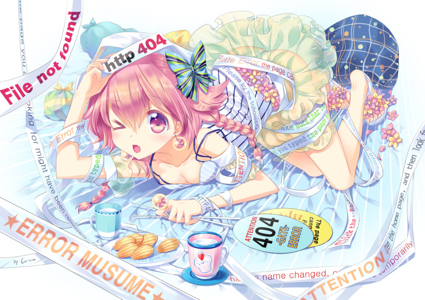 >_<, ass, blush, bow, braid, cu-rim, cup, earrings