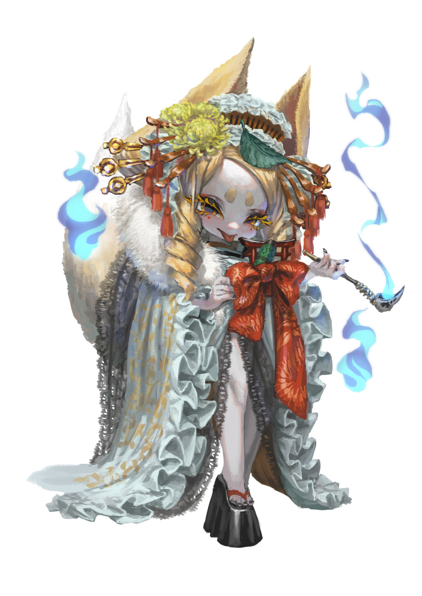 1girl, :p, animal_ears, blonde_hair, blush, chibi, colored_eyelashes, drill_hair, eyelashes, fox_ears, fox_tail, frilled_kimono, frills, full_body, grey_eyes, hair_ornament, highres, hitodama, holding, holding_smoking_pipe, japanese_clothes, jonpei, kanzashi, kimono, kitsune, long_hair, looking_at_viewer, original, platform_shoes, shoes, short_eyebrows, smile, smoking_pipe, solo, tail, tongue, tongue_out, twin_drills