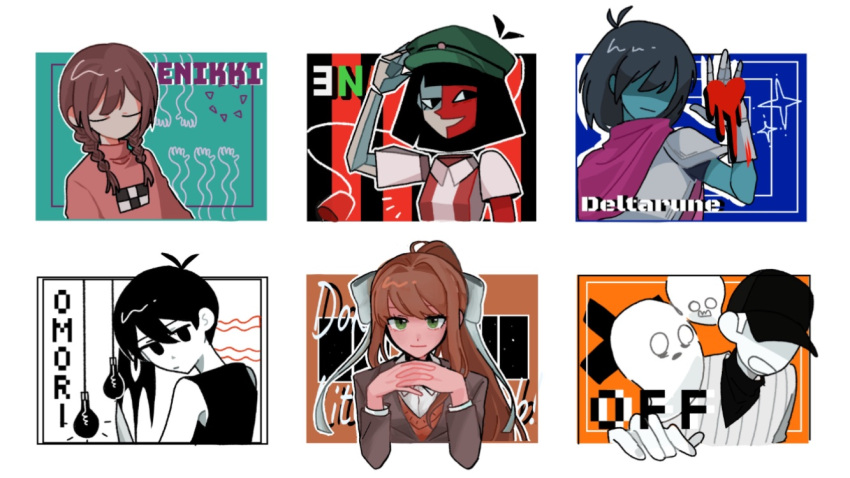 1other, 2boys, 3girls, adjusting_clothes, adjusting_headwear, androgynous, antenna_hair, arm_up, baseball_cap, baseball_jersey, black_eyes, black_hair, black_hat, black_tank_top, blue_skin, blunt_bangs, bow, braid, brown_hair, closed_eyes, closed_mouth, colored_skin, copyright_name, deltarune, doki_doki_literature_club, double-parted_bangs, ena:_dream_bbq, ena_(dream_bbq), ena_(series), green_eyes, green_hat, hair_between_eyes, hair_bow, hair_intakes, hat, interlocked_fingers, jersey, knife, kris_(dark_world)_(deltarune), kris_(deltarune), light_bulb, long_hair, long_sleeves, looking_at_viewer, low_twin_braids, madotsuki, matsutsu1105, monika_(doki_doki_literature_club), multiple_boys, multiple_girls, off_(game), omori, omori_(omori), ponytail, red_sweater, school_uniform, short_hair, short_sleeves, something_(omori), sweater, tank_top, the_batter_(off), turtleneck, turtleneck_sweater, twin_braids, utdr_(toby_fox), white_bow, white_skin, yume_nikki