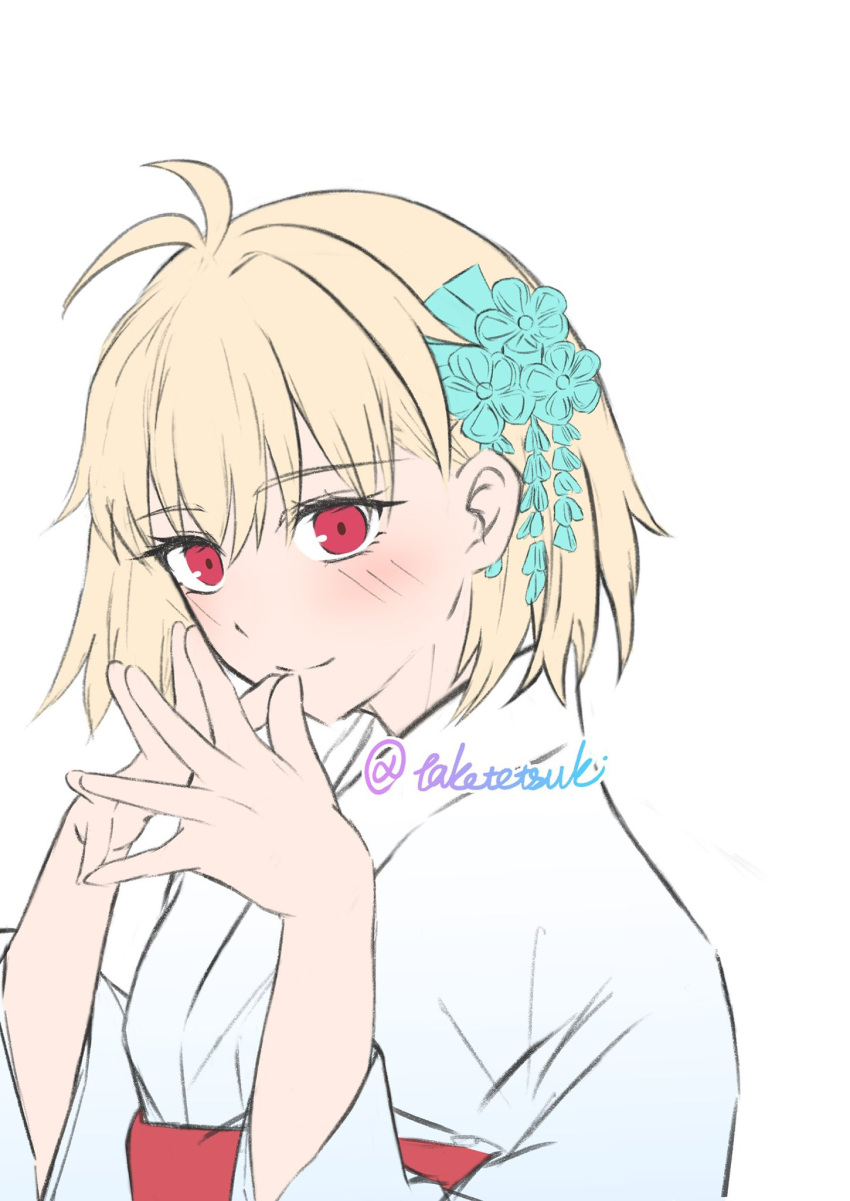1girl, ahoge, alternate_costume, arcueid_brunestud, blonde_hair, blush, earrings, flower