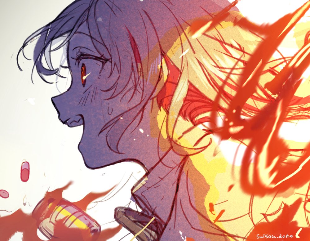 1girl, @_@, artist_name, crazy_eyes, crazy_smile, fire, glass_bottle, looking_ahead