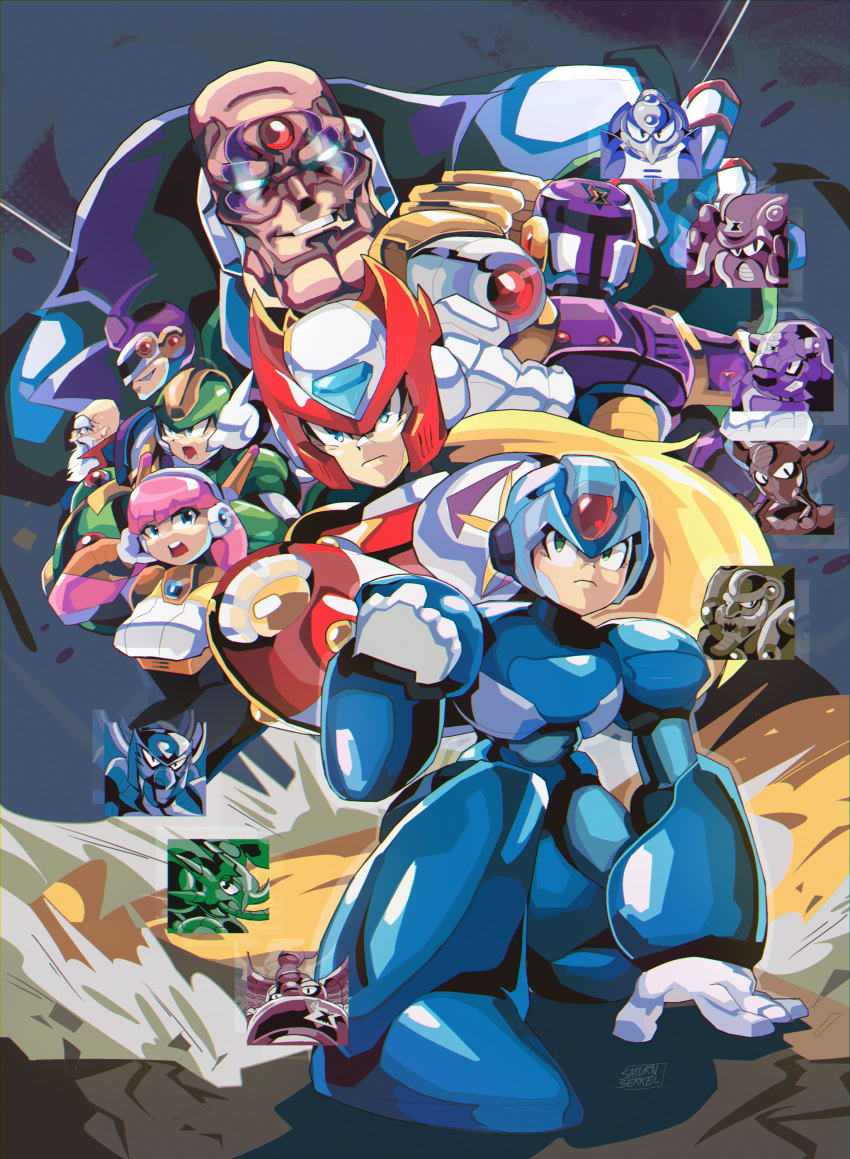 1girl, 6+boys, absurdres, arm_cannon, armor, armored_armadillo_(mega_man), blue_armor, blue_eyes