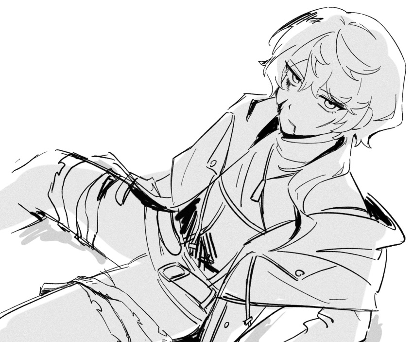 1boy, a_certain_sinclair_(project_moon), arms_at_sides, bandaged_leg, bandages, belt, blood, blood_from_mouth