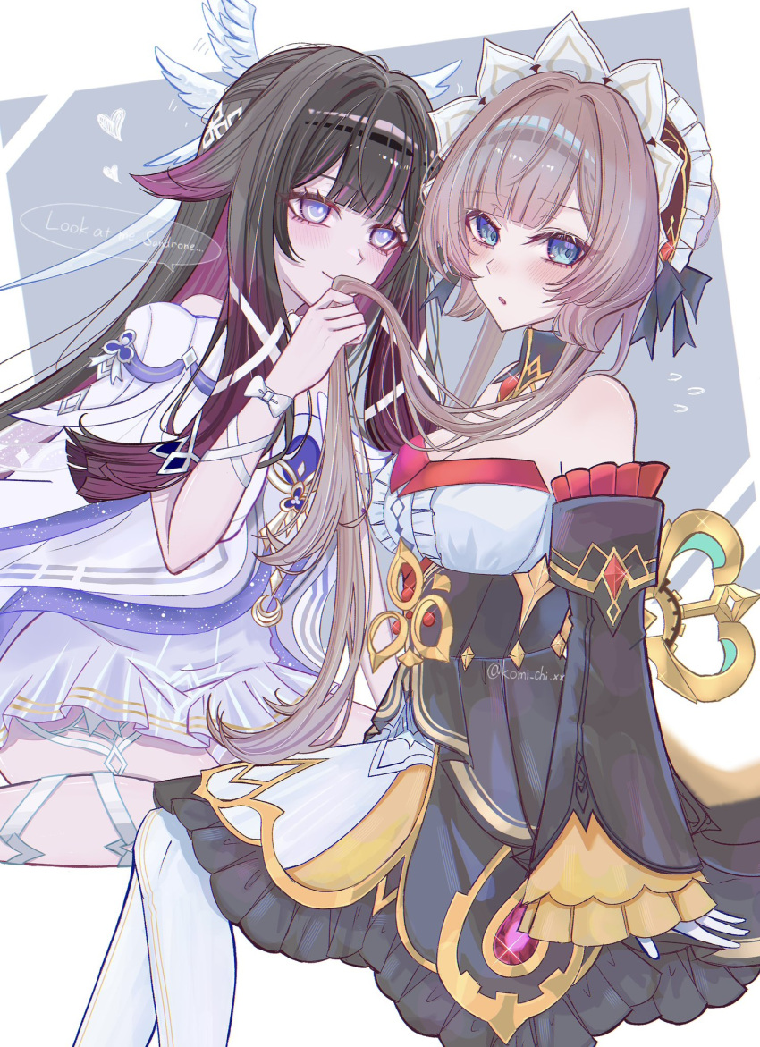 2girls, bare_shoulders, black_collar, black_dress, black_hair, blue_eyes, blush, bonnet