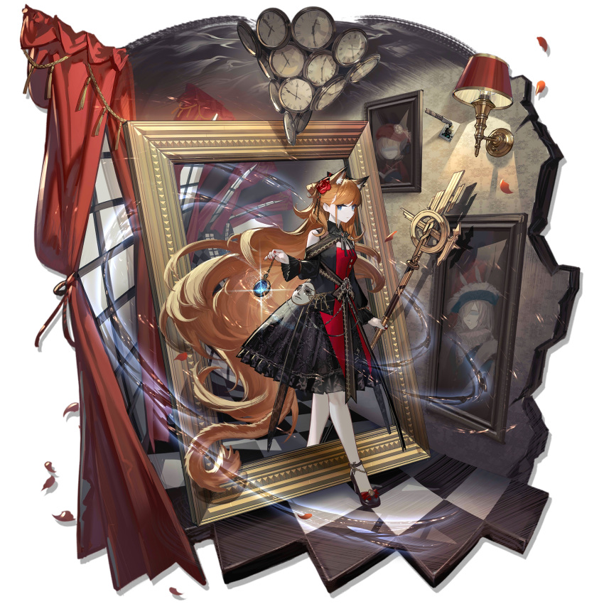 1girl, absurdly_long_hair, animal_ear_fluff, animal_ears, arknights, bare_shoulders, black_dress, black_shoes