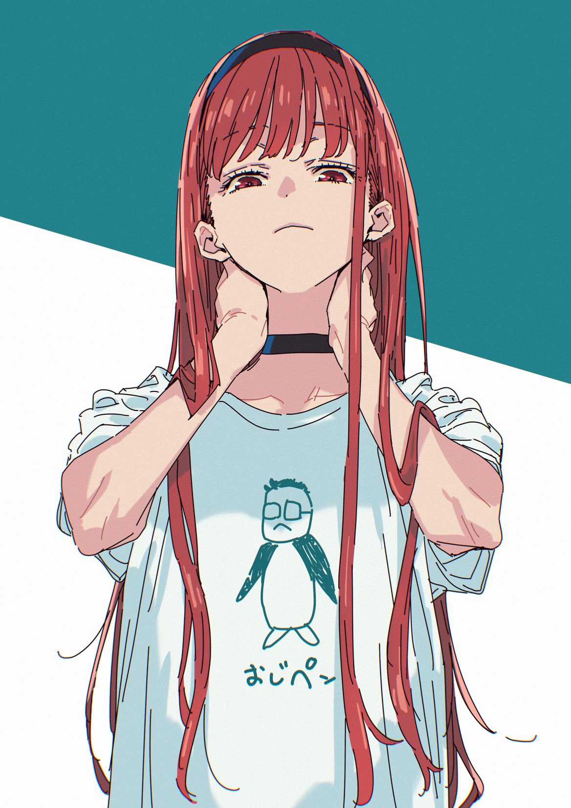 1girl, black_choker, black_hairband, blue_background, choker, hairband, hands_on_own_neck, highres