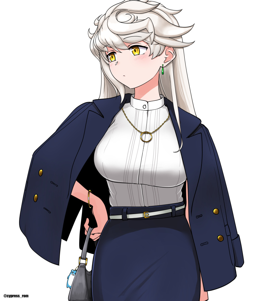 1girl, absurdres, alternate_costume, alternate_hairstyle, belt, blue_jacket, blue_skirt, bokukawauso