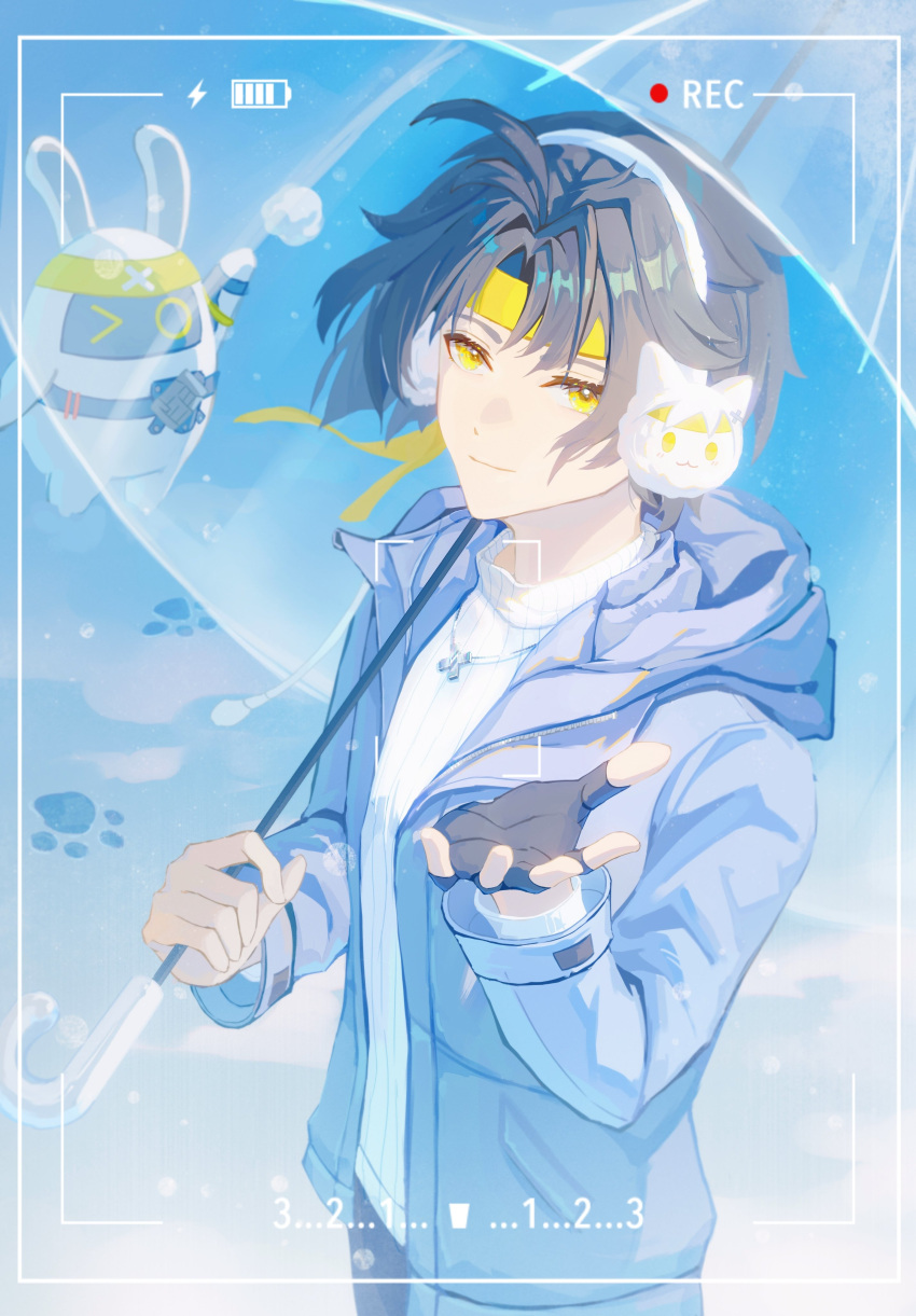 1216767974xue, 1boy, absurdres, asaba_harumasa, asaboo_(zenless_zone_zero), bangboo_(zenless_zone_zero), battery_indicator, black_gloves
