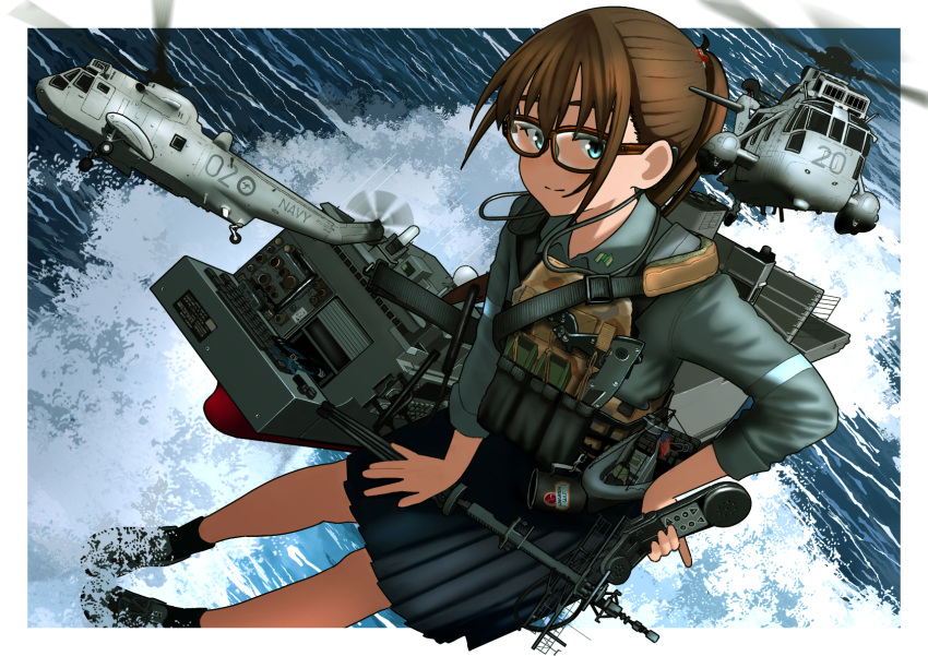1girl, aircraft, aqua_eyes, border, brown_hair, bulletproof_vest, commentary_request, glasses