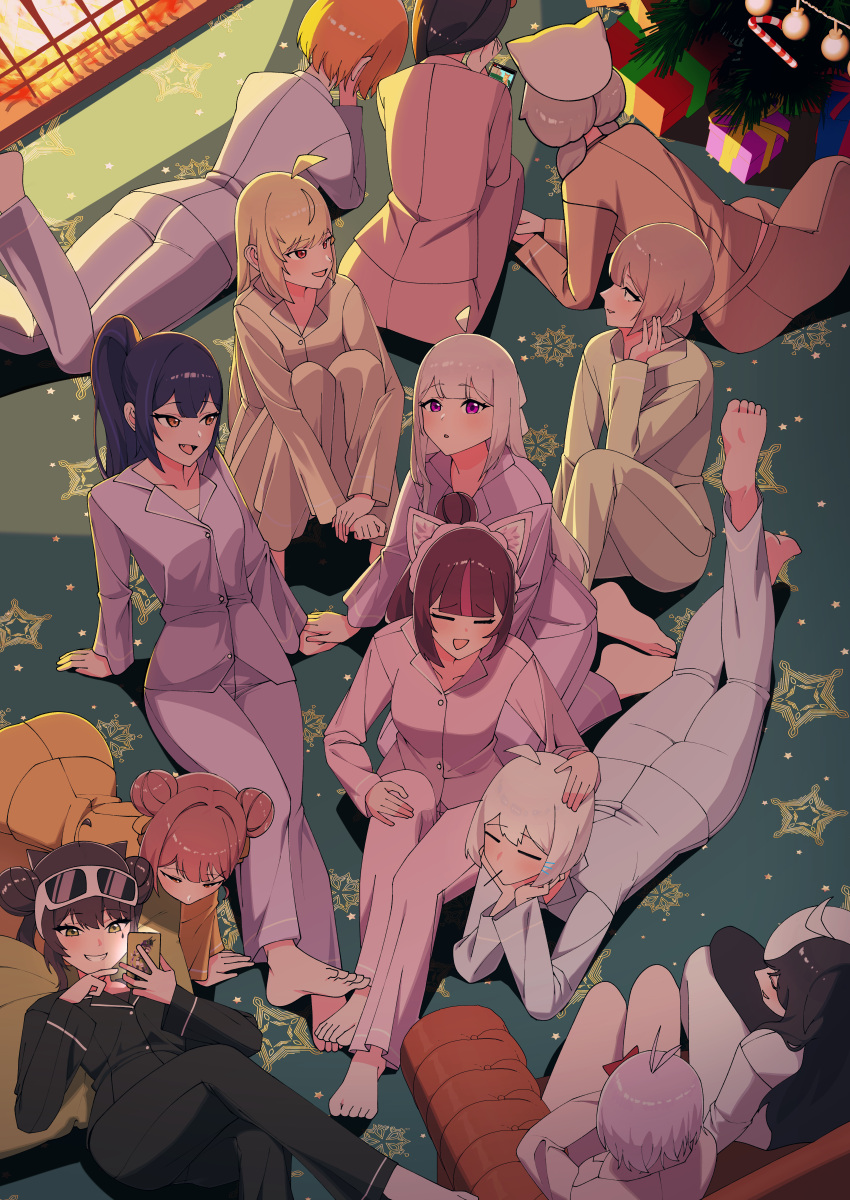 6+girls, absurdres, ahoge, barefoot, black_hair, blonde_hair, blue_hair, blue_pajamas