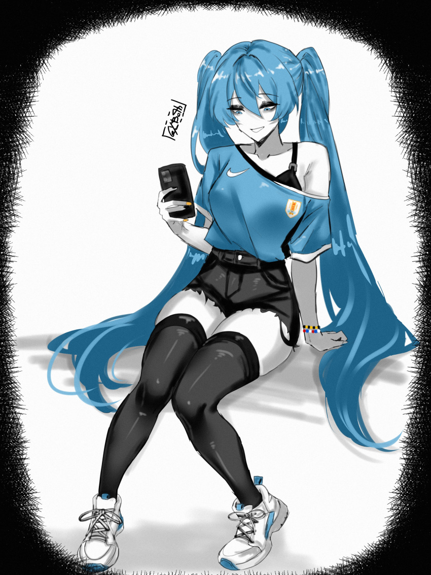 1girl, absurdres, alternate_costume, artist_name, black_border, black_nails, black_shorts, black_thighhighs, blue_eyes, blue_hair, blue_shirt, border, breasts, buttons, cellphone, collarbone, english_commentary, fingernails, full_body, gy_beth, hair_between_eyes, hand_up, hatsune_miku, highres, holding, holding_phone, long_hair, looking_at_phone, medium_breasts, multicolored_nails, nail_polish, nike_(company), pale_skin, phone, shirt, shoes, short_shorts, short_sleeves, shorts, simple_background, single_bare_shoulder, sitting, smartphone, smile, sneakers, solo, t-shirt, teeth, thigh-highs, thighs, twintails, uruguayan_flag, vocaloid, white_background, white_shoes, wristband, yellow_nails