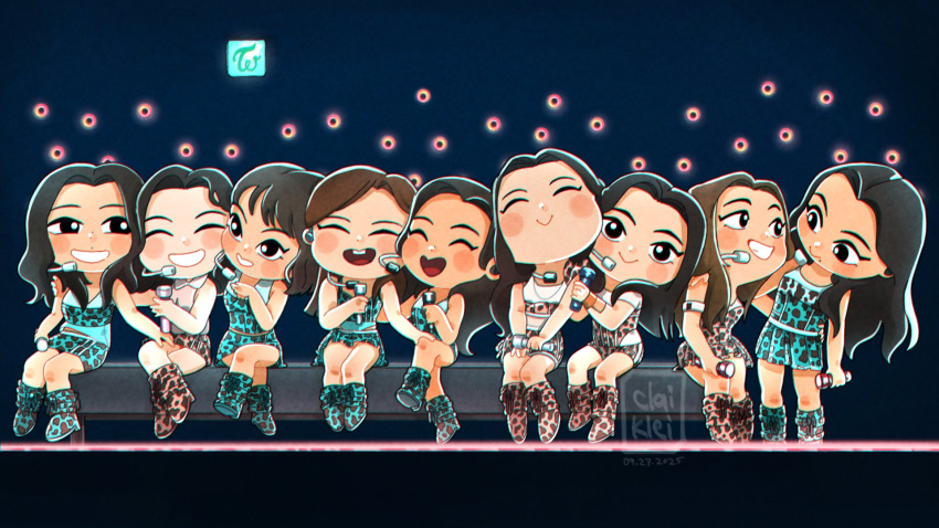 6+girls, ^_^, animal_print, artist_name, bench, black_eyes, black_hair, blue_boots