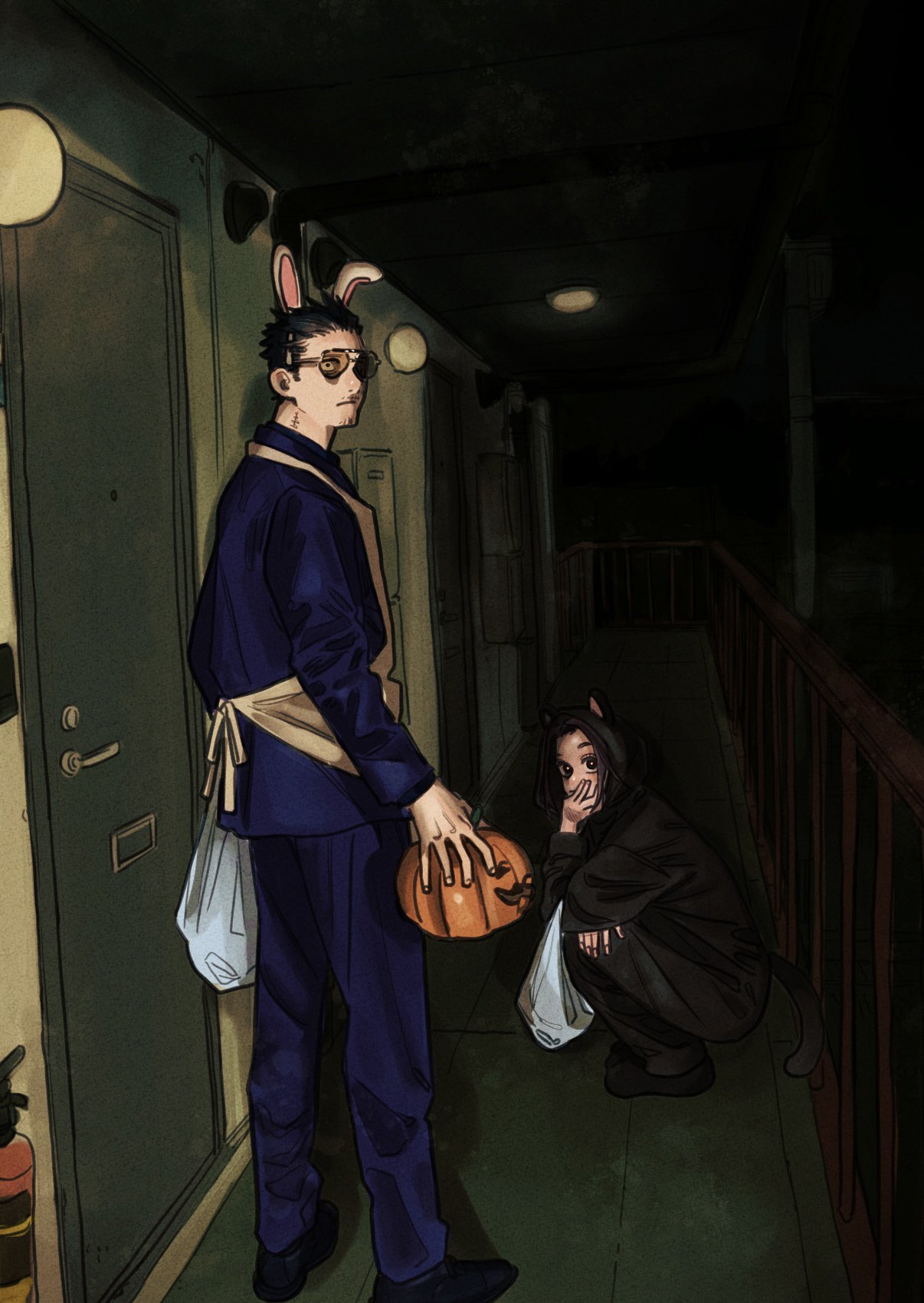 1boy, 1girl, animal_ears, apartment, apron, bag, black_hair, commentary