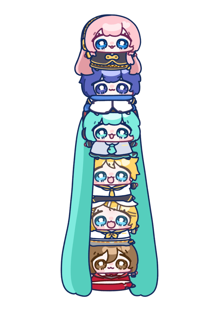 2boys, 4girls, :3, :d, absurdly_long_hair, absurdres, black_shirt, black_shorts