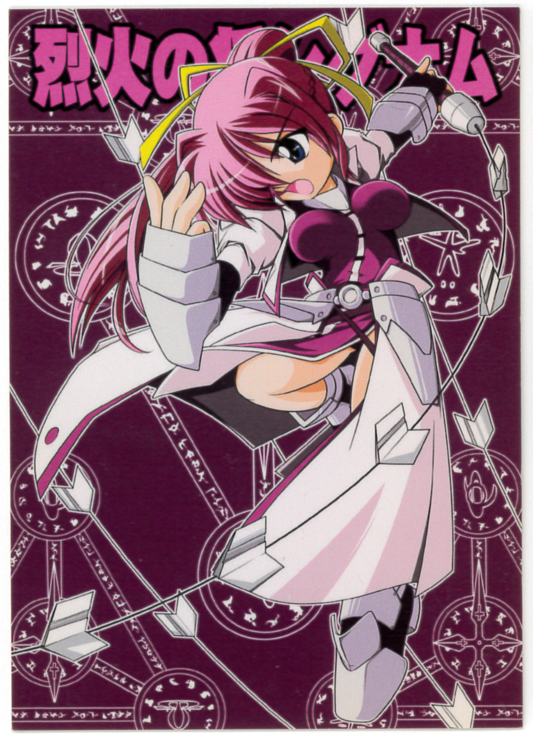 1girl, :o, arm_guards, black_gloves, blue_eyes, border, braid, breasts