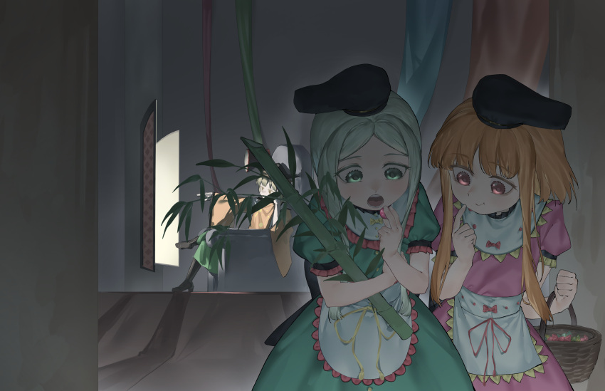3girls, absurdres, apron, bamboo, black_boots, black_hat, blonde_hair, boots