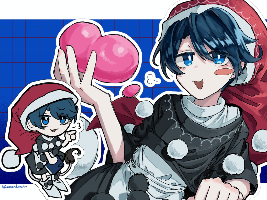 1girl, :3, aonorikani3ba, arm_support, black_capelet, black_dress, blue_background, blue_eyes