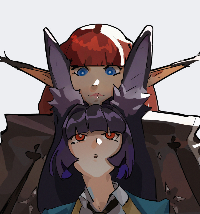 2girls, :o, absurdres, animal_ear_fluff, animal_ears, black_hair, black_necktie, blue_eyes, boogiedraws, closed_mouth, commentary, crossover, english_commentary, fox_ears, grey_background, height_difference, highres, hoshimi_miyabi, hulkenberg_(metaphor:_refantazio), lips, looking_at_another, looking_down, looking_up, metaphor:_refantazio, multiple_girls, necktie, pink_lips, pointy_ears, red_eyes, red_hair, simple_background, smile, trait_connection, zenless_zone_zero