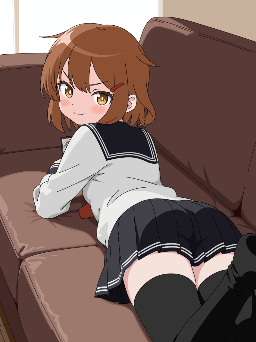 1girl, absurdres, ass, back, black_thighhighs, blush, brown_eyes, brown_hair