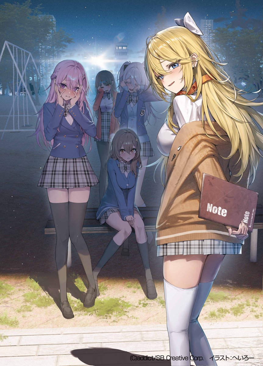 5girls, black_hair, blazer, blonde_hair, book, breasts, brown_hair, cover