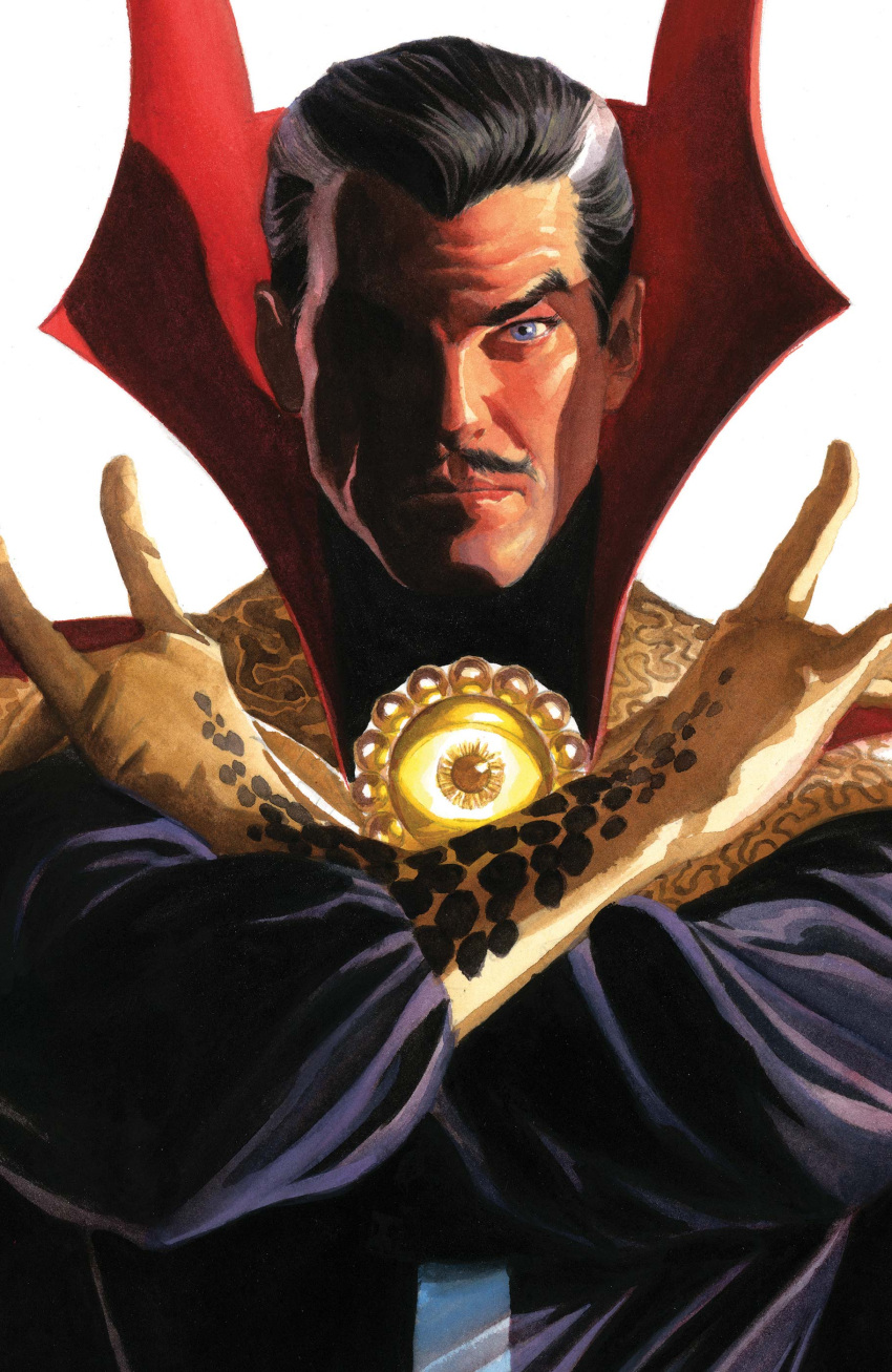 1boy, absurdres, alex_ross, black_hair, blue_eyes, blue_robe, cape, comic_cover