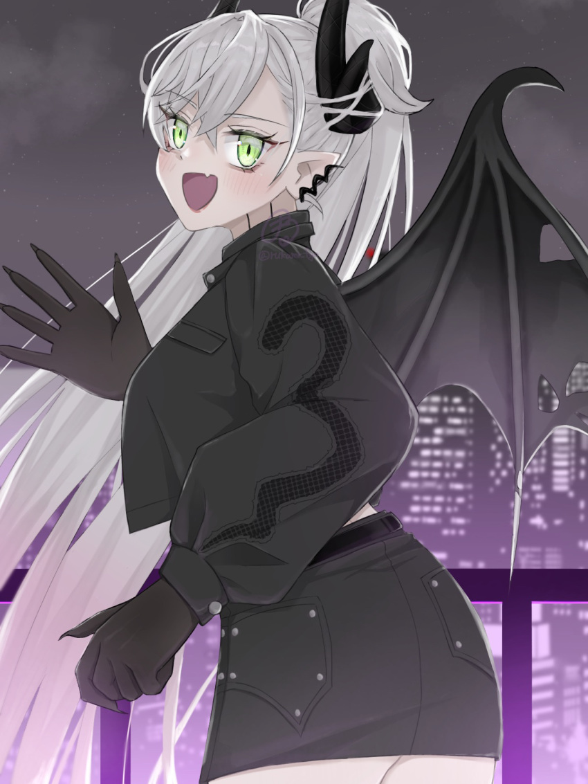 1girl, bat_wings, cityscape, earrings, fate/grand_order, fate_(series), gradient_hair, green_eyes