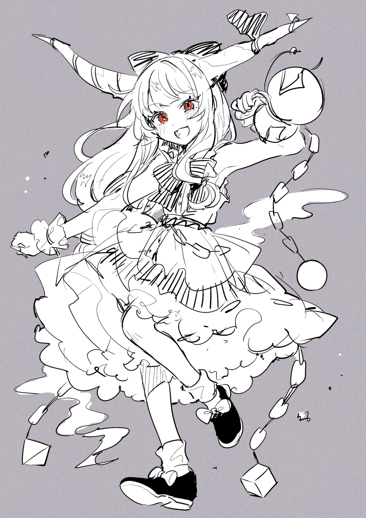 1girl, ball_and_chain_restraint, blush, bow, bowtie, commentary_request, gourd, grey_background