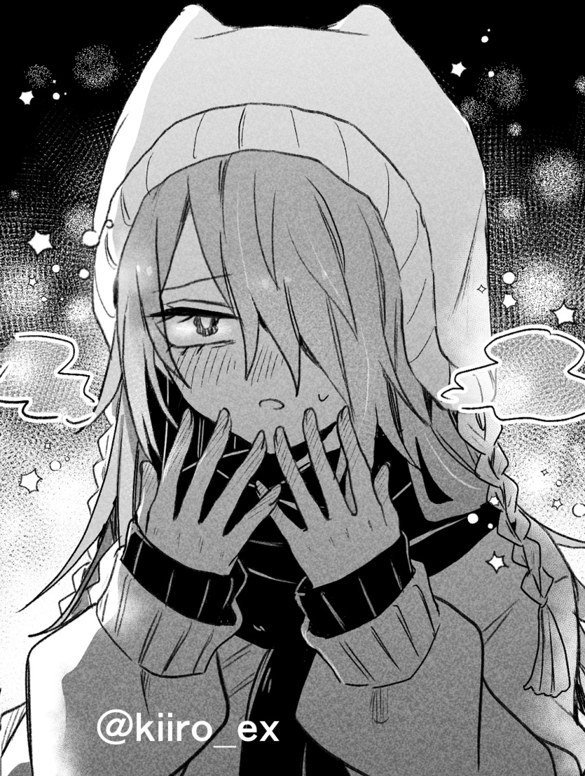 1girl, artist_name, beanie, blush, breath, breathing_on_hands, cold, commentary, earflap_beanie, greyscale, hair_over_one_eye, hand_blush, hat, highres, hiiro_(kiiro_ex), kimi_no_koto_ga_dai_dai_dai_dai_daisuki_na_100-nin_no_kanojo, layered_sleeves, long_hair, long_sleeves, looking_at_viewer, mishiro_kogoe, monochrome, one_eye_covered, portrait, snowing, solo, tassel, twitter_username, wavy_eyes, winter_clothes