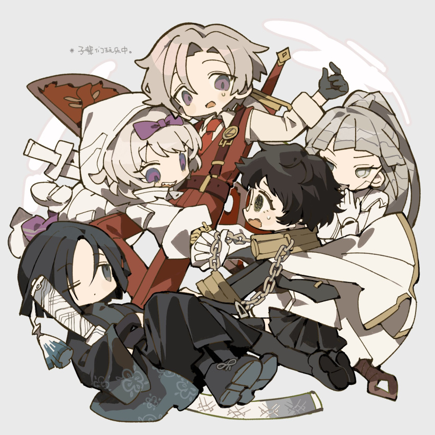 2boys, 3girls, albina_(project_moon), android, black_gloves, black_hair, black_shoes, bow