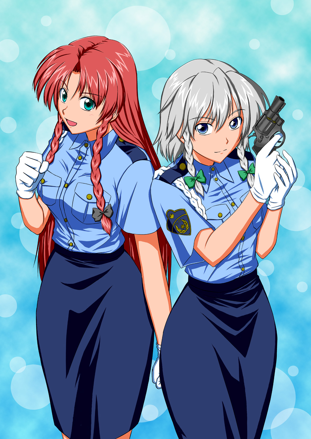 blue_eyes, braid, cosplay, gloves, green_eyes, gun, highres, hong_meiling, izayoi_sakuya, kobayakawa_miyuki, kobayakawa_miyuki_(cosplay), multiple_girls, open_mouth, police, police_uniform, policewoman, red_hair, redhead, revolver, shino-puchihebi, silver_hair, smile, the_embodiment_of_scarlet_devil, touhou, tsujimoto_natsumi, tsujimoto_natsumi_(cosplay), twin_braids, uniform, weapon, you're_under_arrest, you're_under_arrest