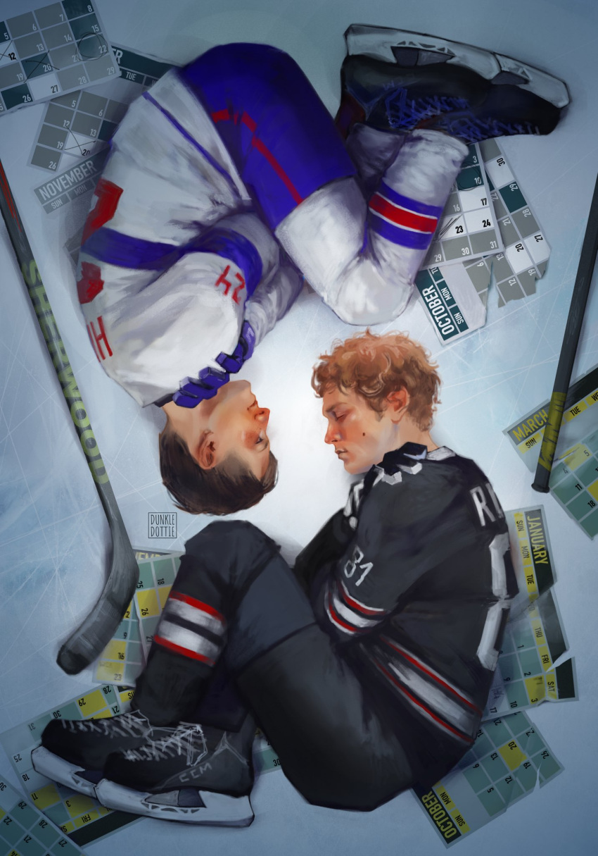 2boys, black_hair, black_pants, blonde_hair, blue_pants, closed_eyes, commentary, dunkle_dottie