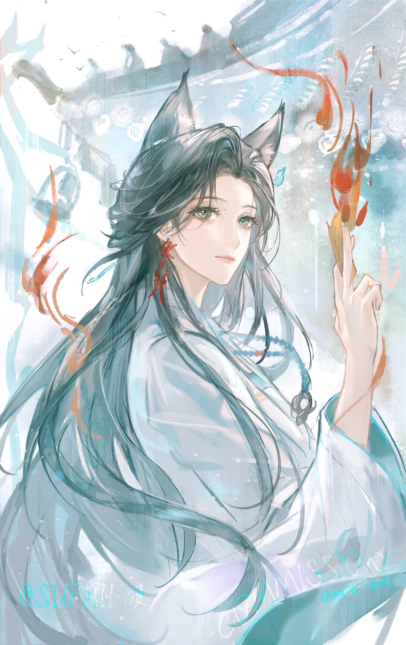 1girl, animal_ears, between_fingers, black_hair, chinese_clothes, fox_ears, fox_girl, hand_up, hashtag-only_commentary, highres, holding, lichen_(path_to_nowhere), long_hair, looking_up, ofuda, ofuda_between_fingers, outdoors, path_to_nowhere, solo, supaii16, upper_body, very_long_hair