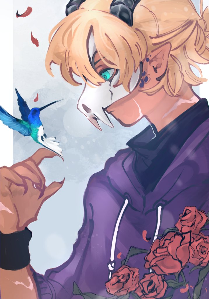 1boy, animal, animal_skull, animification, anmitsu_(anmitsu40919780), bird, blonde_hair, blue_eyes, border, chayanne, claws, commentary, dragon_boy, dragon_horns, drawstring, english_commentary, expressionless, from_side, hand_up, hood, hood_down, hoodie, horns, hummingbird, male_focus, mask, minecraft_youtube, personification, pointy_ears, ponytail, purple_hoodie, quackity_smp, scar, short_hair, short_ponytail, skull_mask, solo, upper_body, white_border