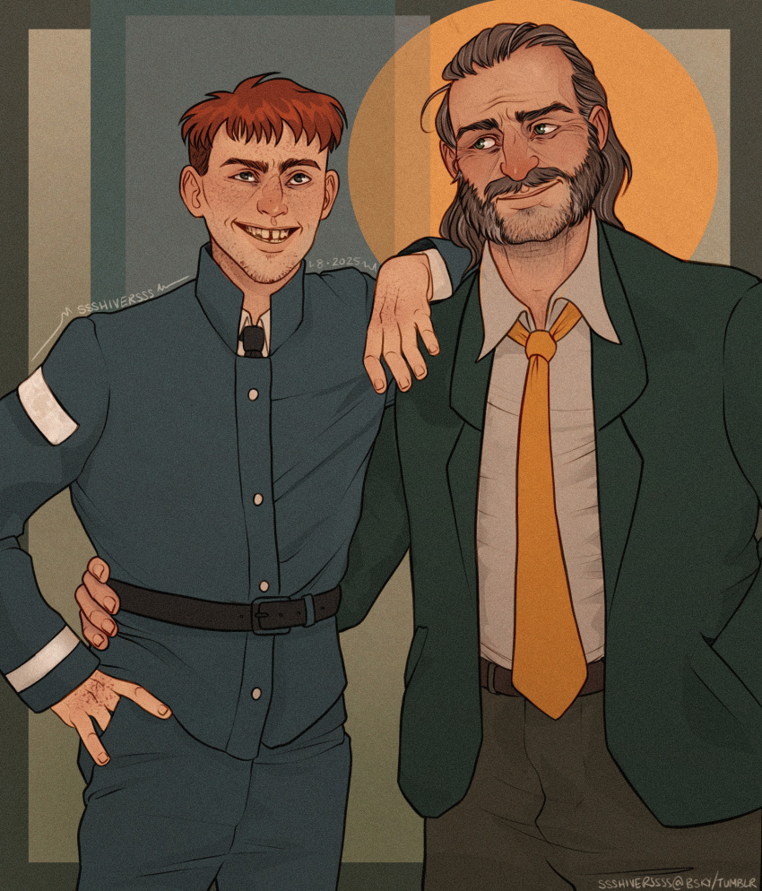 2boys, beard_stubble, blazer, blue_jacket, brown_hair, collared_shirt, cuno, disco_elysium