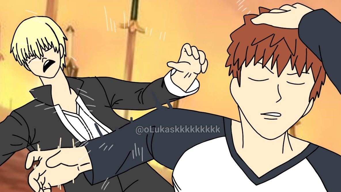 2boys, adjusting_hair, artist_name, artist_request, blonde_hair, closed_eyes, emiya_shirou, fate/stay_night