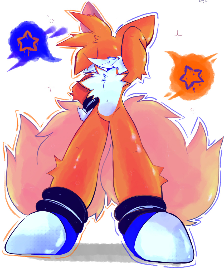 1boy, 2024, absurdres, arm_up, blue_shoes, chest_fur, commentary, fingernails, fox, full_body, gloves, highres, luther_artwright_(needlemouse), needlemouse_(series), sharp_fingernails, shoes, smirk, solo, sonic_(series), standing, star_(symbol), symbol-only_commentary, tails_(sonic), vitrioo, white_gloves